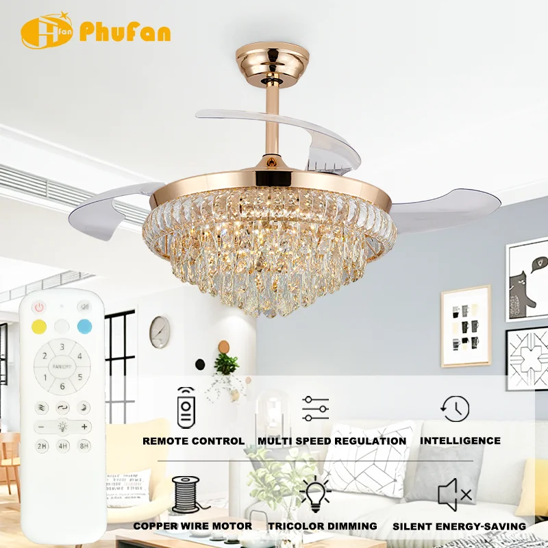 Gold Luxury Crystal CeilingFan Retractable Blades 3-Color LED & 6-Speed Quiet Motor Remote Control for Hotel Lobby Banquet Hall - Image 2