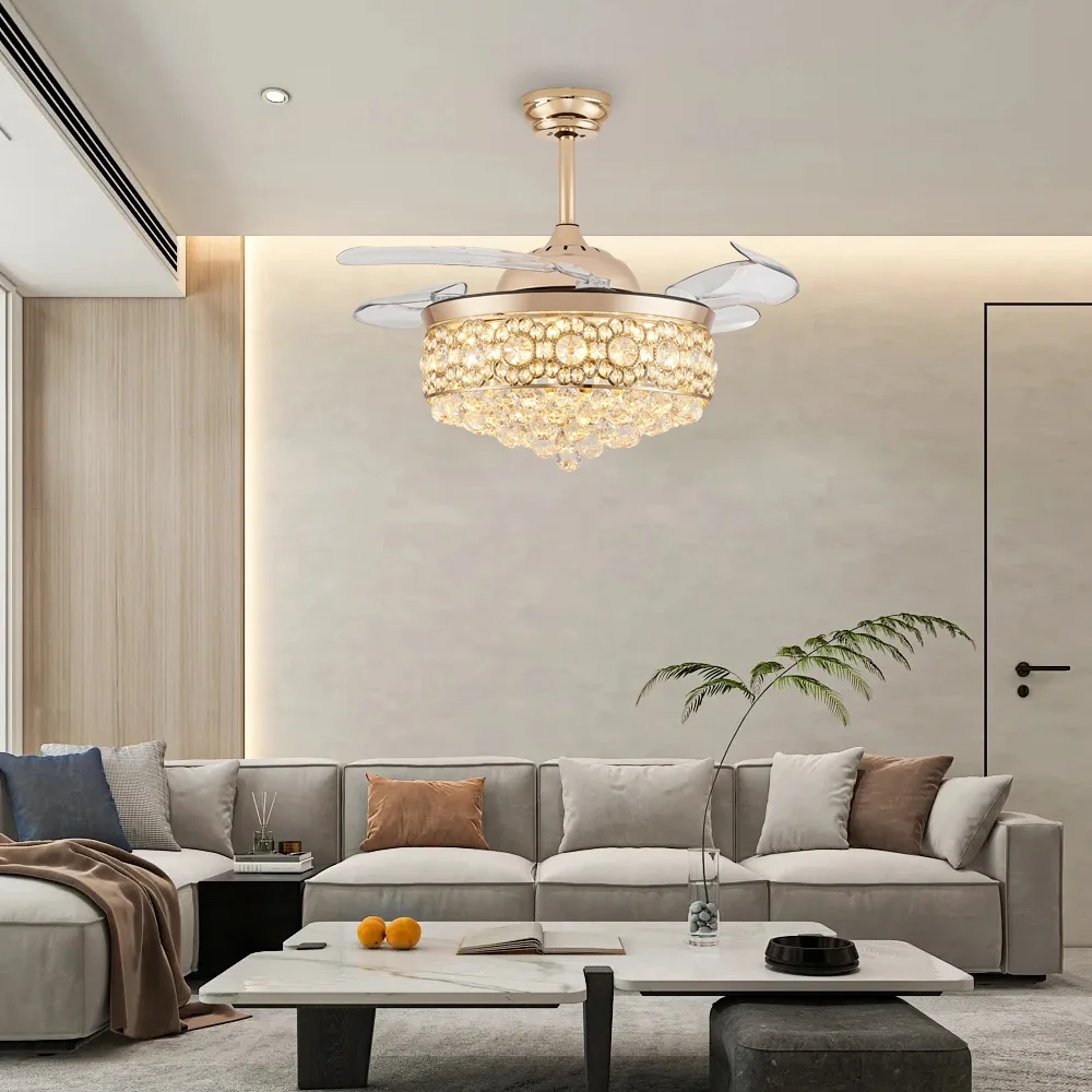 Modern European 36-Inch Crystal Ceiling Fan Chandelier Remote Control 6-Speed DC 40W LED Light 4 Blades Dimmable Living Room - Image 6