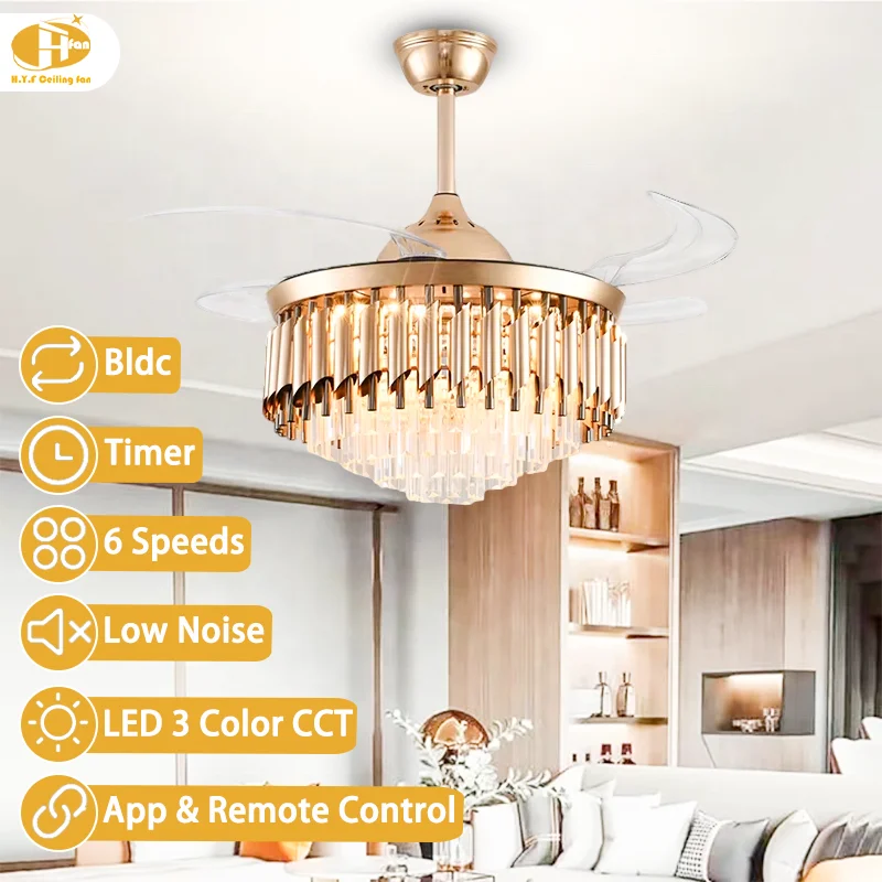 Crystal Chandelier Ceiling Fan Light with Retractable Blades. 3Color LED & DC Motor. Remote Control. for Living Room Dining Room - Image 3