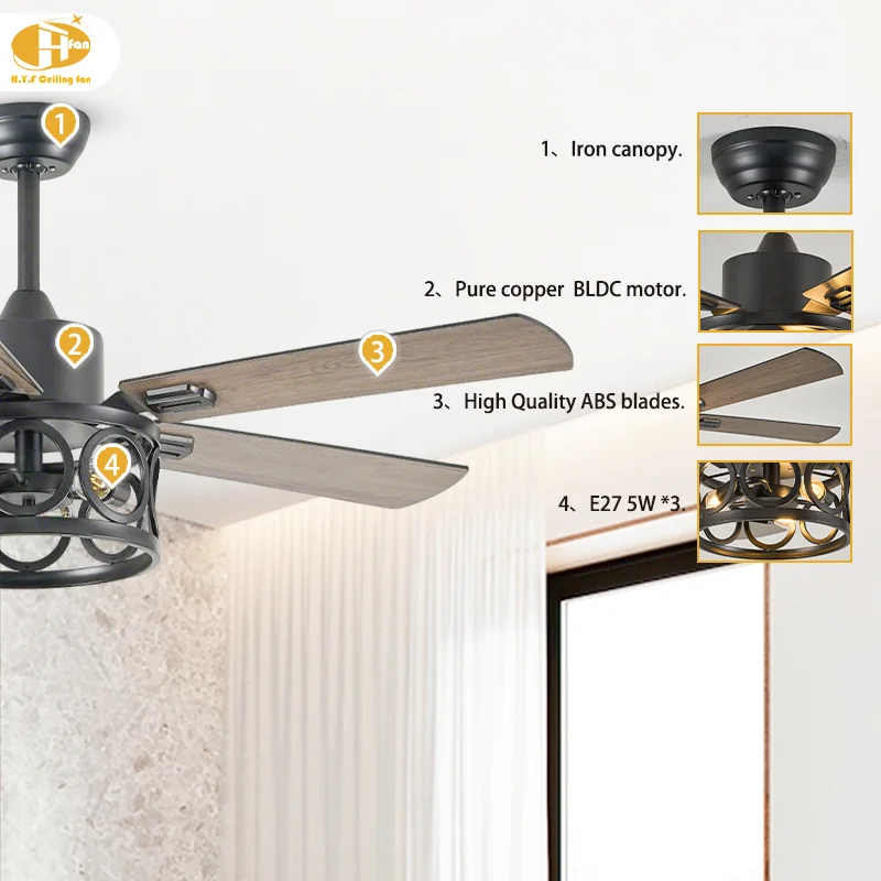 Attic Dining Room Vintage 5-Blade Ceiling Fan. Quiet Reversible Motor. 3 E27 LED Bulbs - Decorative - Vintage Ceiling Fan Light - Image 6