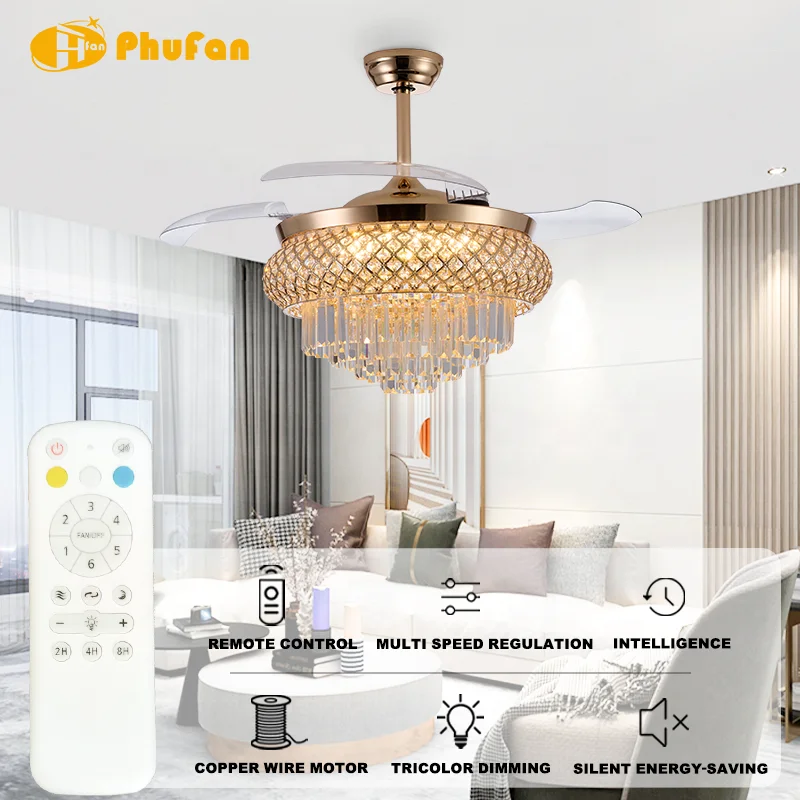 36/42/48/52 Inch Crystal Chandelier Ceiling Fan Light Gold Finish Invisible Blades LED & 6-Speed Quiet DC Motor Remote Control - Image 2