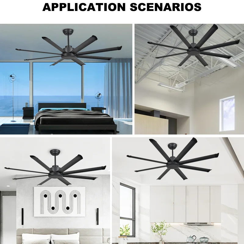 72 Inch 8-Blade Black Industrial Ceiling Fan Light Matte Blades 3-Color LED & 6-Speed DC Motor Remote Control for Warehouse Gym - Image 4
