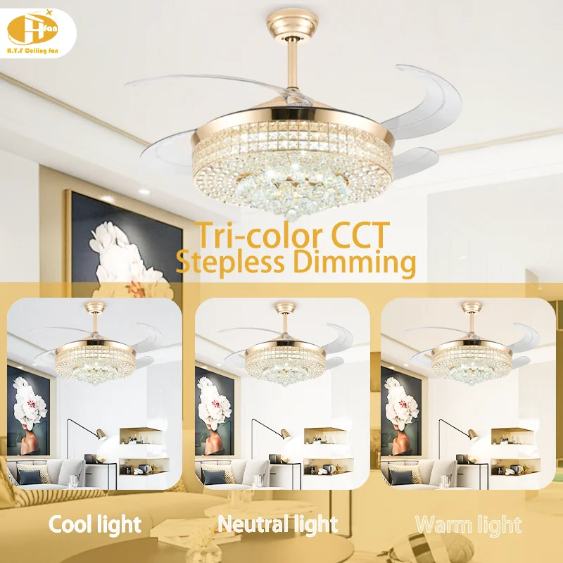 French 42'' Ceiling Fan Light. Gold Crystal. Retractable Invisible Blades - High-End French Gold Crystal Ceiling Fan Light - Image 6