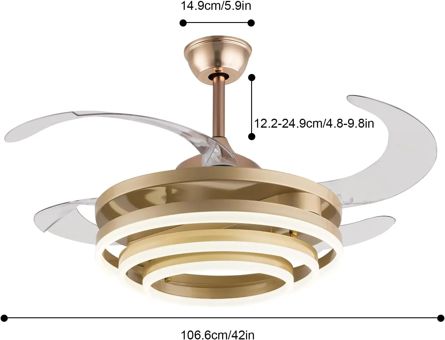 42 Gold Modern Chandelier Ceiling Fan Light Invisible Blades 6-Speed Remote Adjustable LED High CRI 95 Layout Bedroom Living - Image 2