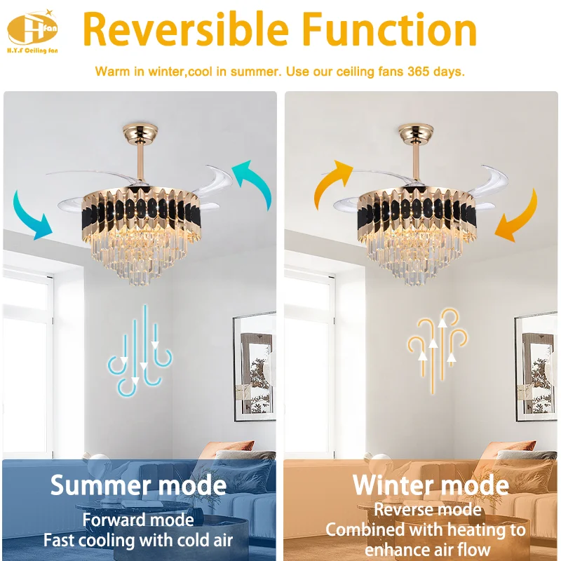Gold & Black Crystal Ceiling Fan Light Invisible Blades 3-Color LED & 6-Speed DC Motor Remote Control for Living Room Bedroom - Image 3