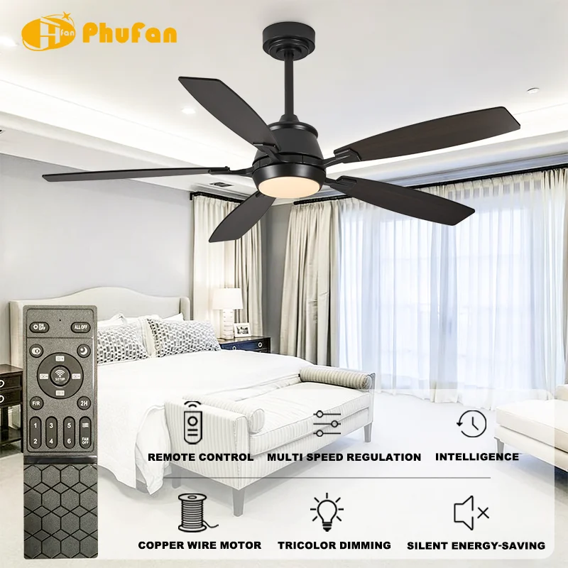 52 Inch Modern Black Ceiling Fan Light 5-Blade Dimmable LED & 6-Speed DC Motor Remote Control for Living Room Bedroom Office - Image 2