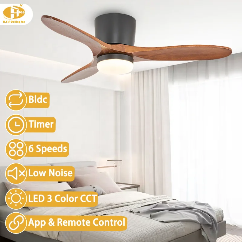 3-Blade Low-Profile Wood Ceiling Fan Light with Matte Black Motor Housing. 6Speed Quiet DC Motor. Remote Control for Small Rooms - Image 3