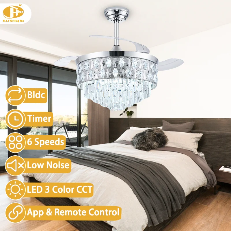 Cross-Border Hot-Sale Luxury LED Crystal Ceiling Fan Light. Smart Remote Control. Modern Design. Dimmable- Living Room Fan Light - Image 2
