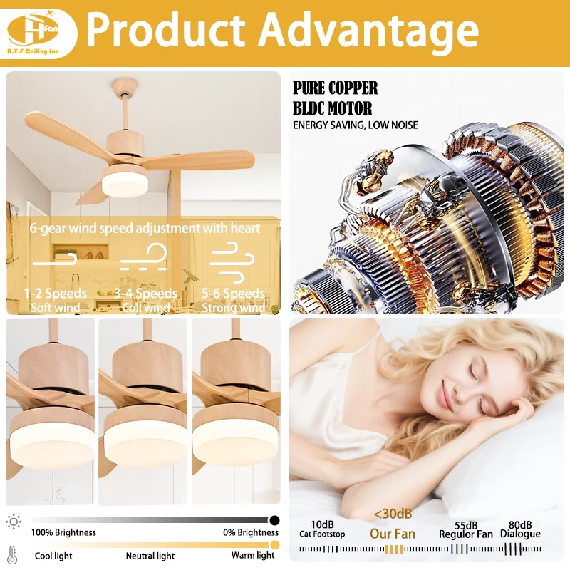 Modern Iron Ceiling Fan Light 52 Inch 3-Blade Natural Oak Finish 3-Color LED & 6-Speed DC Motor Remote Control - Image 5