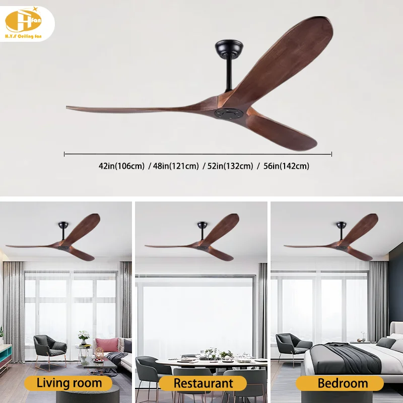 Solid Wood 56/60-Inch Weathered Gray Real Wooden Ceiling Fan Metal Body Powerful DC Silent Copper DC Motor Best Hotels Household - Image 6
