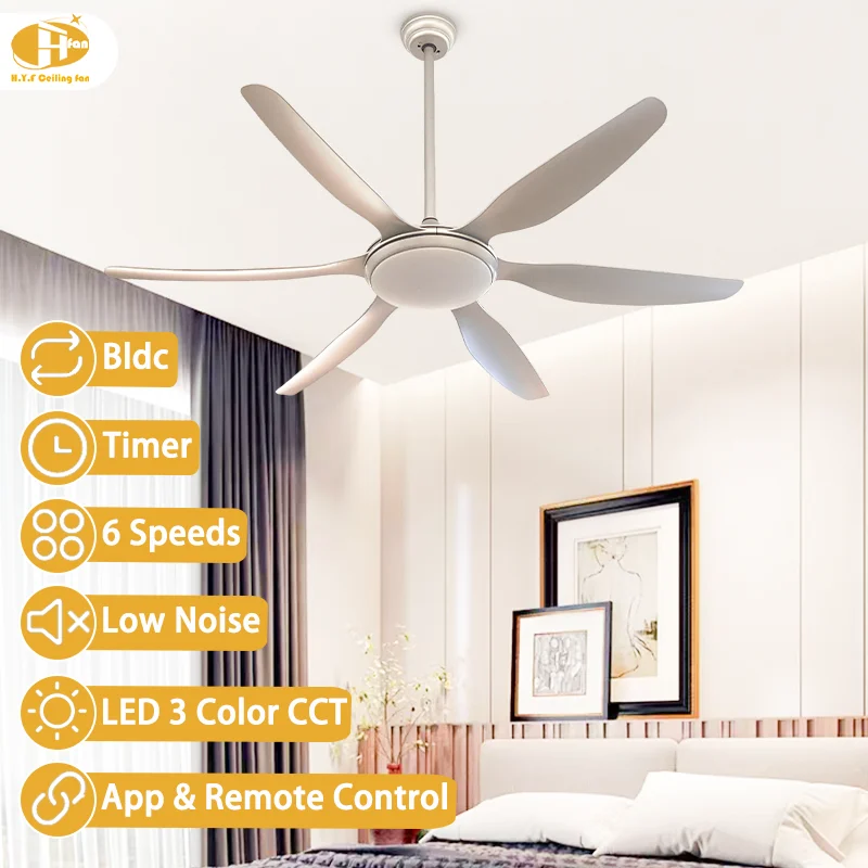 6-Blade Dimmable LED Ceiling Fan. Quiet DC Motor. Energy-Saving. Smart Remote - Modern Straight-Blade Living Room Fan Light - Image 2