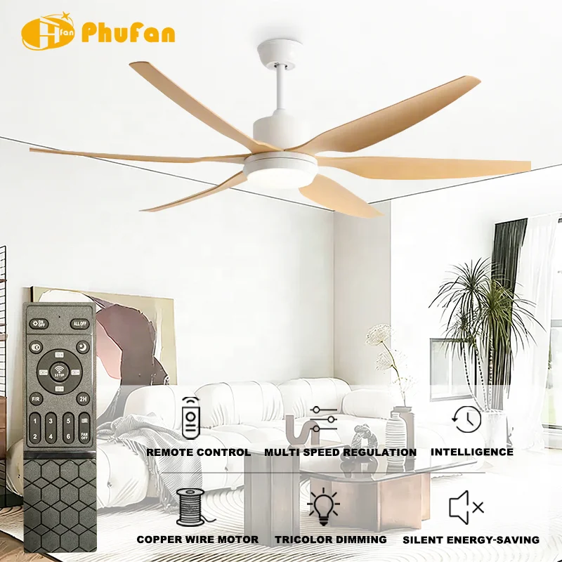 5-Blade High Airflow Ceiling Fan Light Wood Tone Blades LED & 6-Speed Reversible DC Motor Remote Control for Open Floor Plan - Image 2