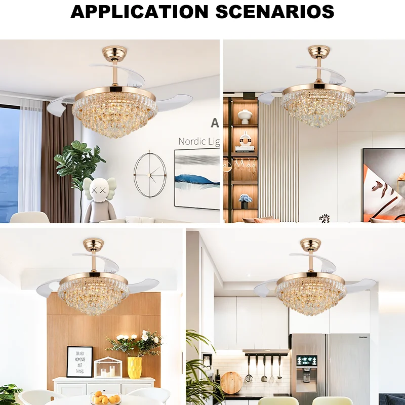 Gold Luxury Crystal CeilingFan Retractable Blades 3-Color LED & 6-Speed Quiet Motor Remote Control for Hotel Lobby Banquet Hall - Image 4