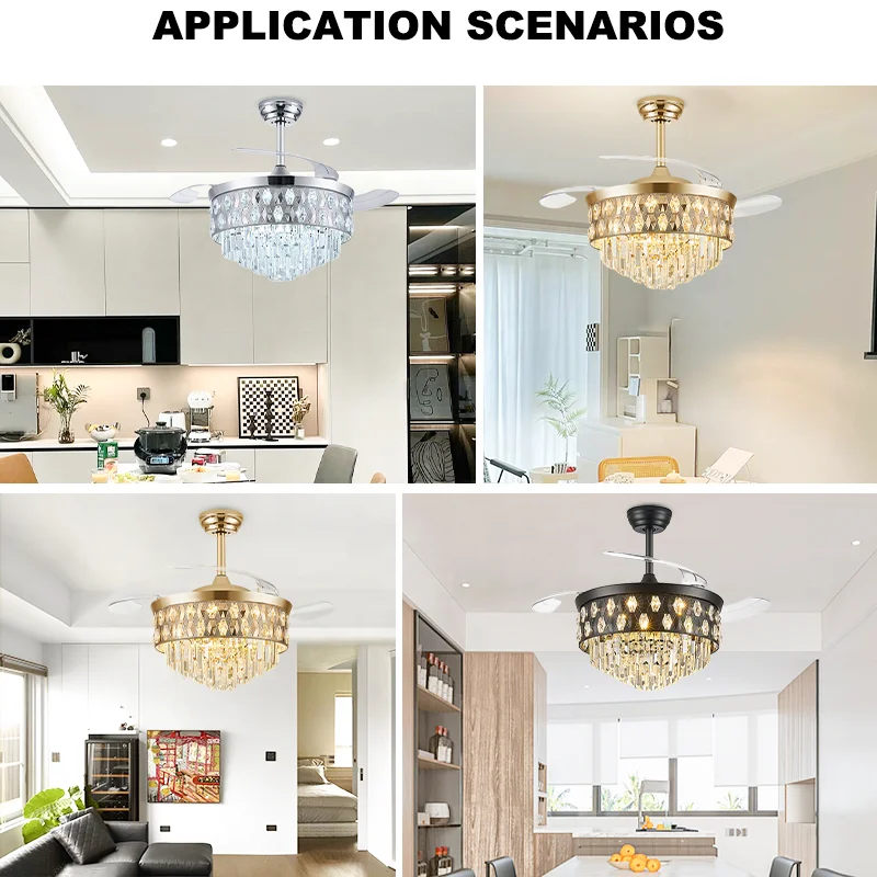 Luxury Crystal Chandelier Ceiling Fan Light in Silver Gold Black. with Retractable Blades. 3Color LED & DC Motor. Remote Control - Image 4