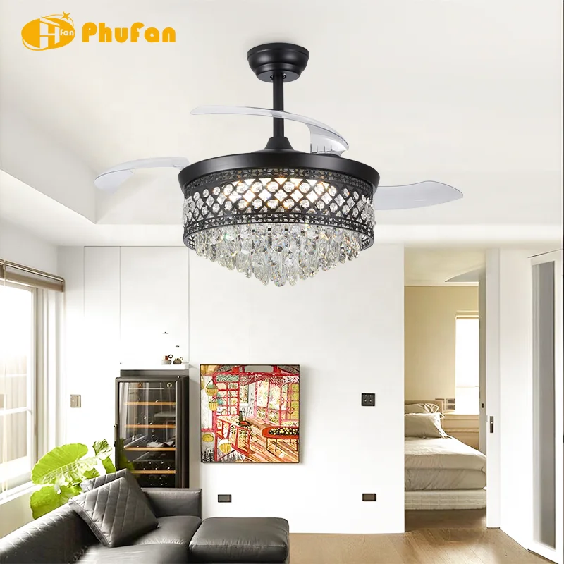 42/48 Inch Crystal Ceiling Fan Light Hollow Frame Invisible Blades LED & 6-Speed Quiet DC Motor Remote Control for Hotel Lobby - Image 4