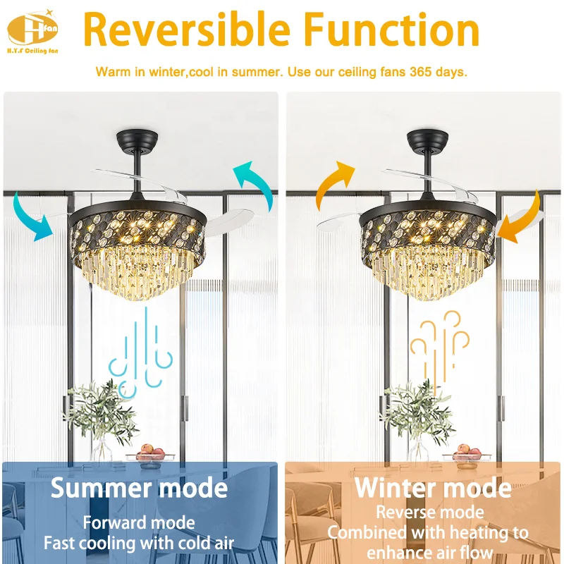 42 Inch Crystal Ceiling Fan Light Invisible Retractable Blades LED & 6-Speed Quiet Motor Remote Control for Living Room Bedroom - Image 3