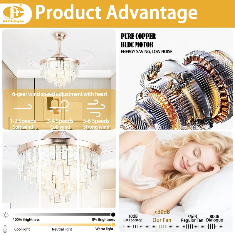 Living Room Luxury Ceiling Fan. Crystal Chandelier LED. Quiet DC Motor. Smart Remote - High-End Modern Crystal Ceiling Fan Light - Image 4