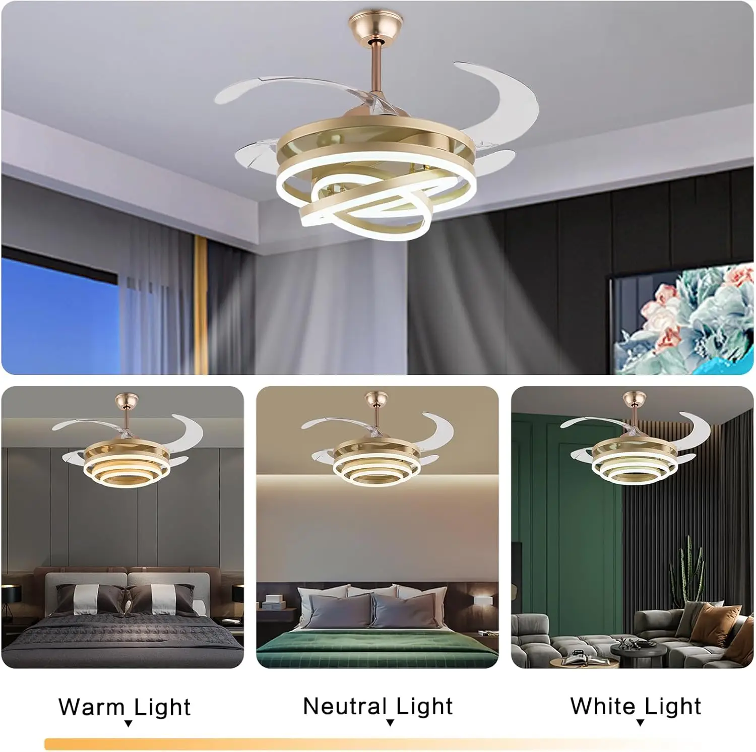 42 Gold Modern Chandelier Ceiling Fan Light Invisible Blades 6-Speed Remote Adjustable LED High CRI 95 Layout Bedroom Living - Image 5