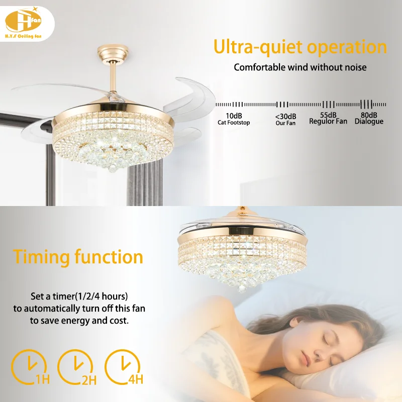 French 42'' Ceiling Fan Light. Gold Crystal. Retractable Invisible Blades - High-End French Gold Crystal Ceiling Fan Light - Image 2