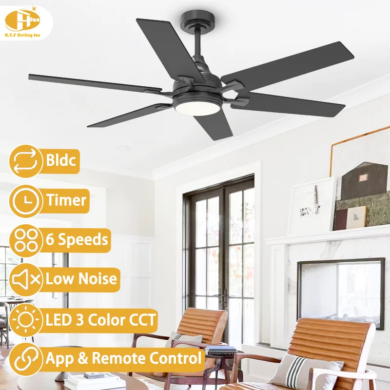 52-Inch 6-Blade RGB LED Ceiling Fan Light Remote Control 6-Speed DC Motor Quiet Operation Multi-Color Finish for Bathroom Living - Image 2