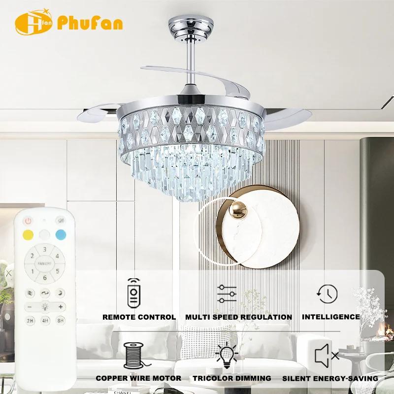 Luxury Crystal Chandelier Ceiling Fan Light in Silver Gold Black. with Retractable Blades. 3Color LED & DC Motor. Remote Control - Image 2