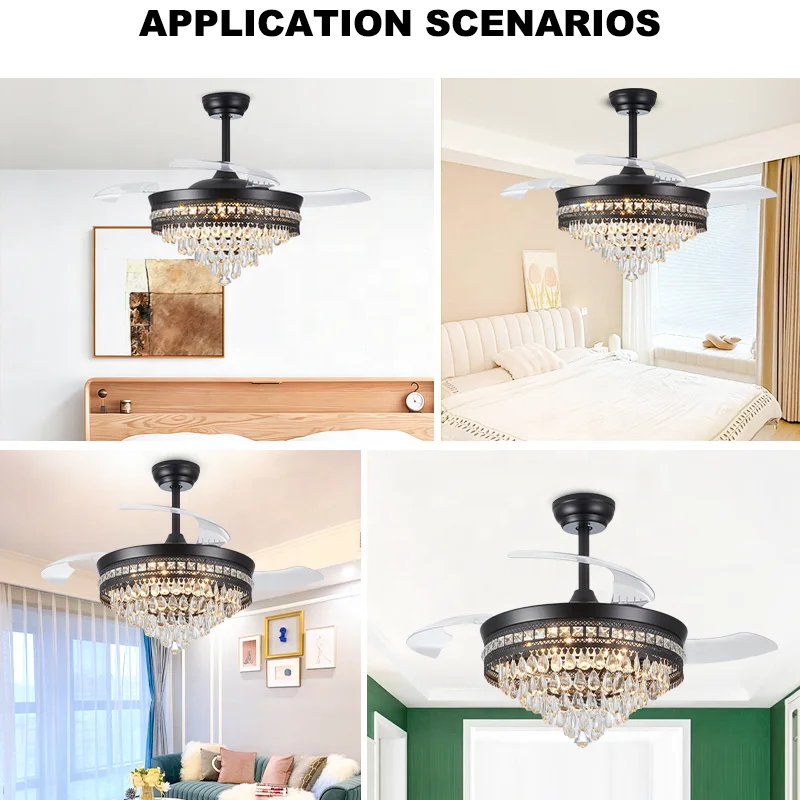 Black Crystal Ceiling Fan Light Invisible Blades 3Color LED & 6-Speed Reversible DC Motor Remote Control for Living Room Bedroom - Image 4