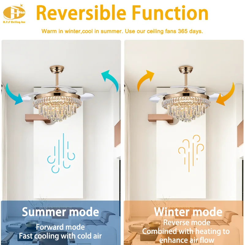 42 / 48 Inch Gold Luxury Crystal Ceiling Fan Light. Retractable Blades. 3-Color LED. Remote Control for Living Room Bedroom - Image 3