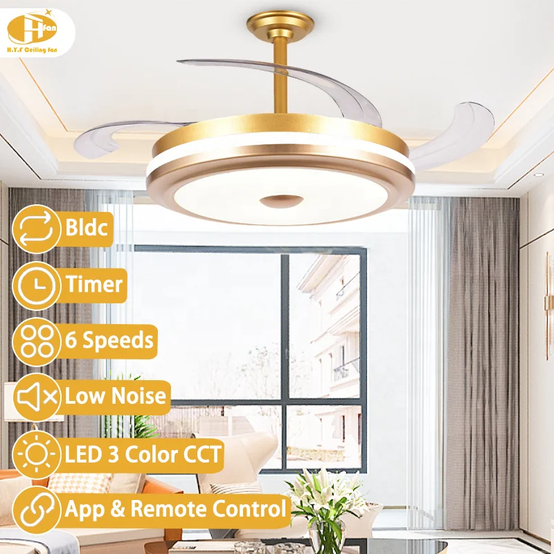 LED Ceiling Fan Light with Retractable Blade. 6Speed Adjustable. Remote Control. Chandelier Style. Low Noise for Indoor Home Use - Image 3