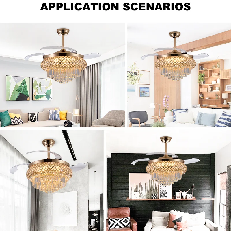 36/42/48/52 Inch Crystal Chandelier Ceiling Fan Light Gold Finish Invisible Blades LED & 6-Speed Quiet DC Motor Remote Control - Image 4