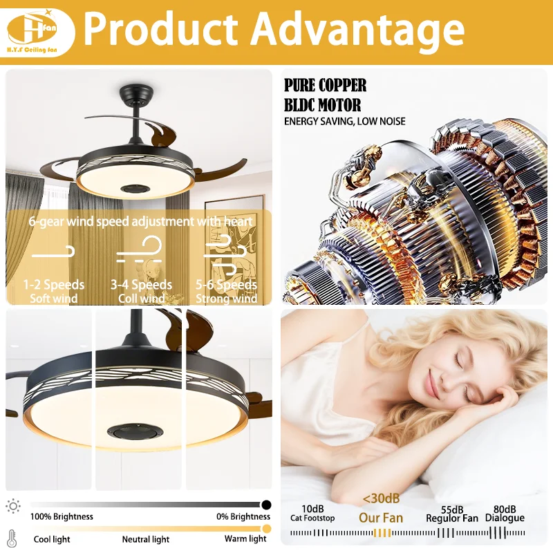 42 /48 Inch Modern RGB Ceiling Fan Light with Bluetooth Speaker. Retractable Blades. Dimmable LED & Remote Control - Image 4