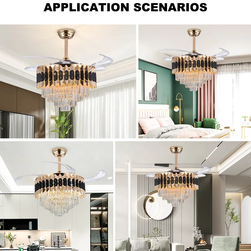 Gold & Black Crystal Ceiling Fan Light Invisible Blades 3-Color LED & 6-Speed DC Motor Remote Control for Living Room Bedroom - Image 4