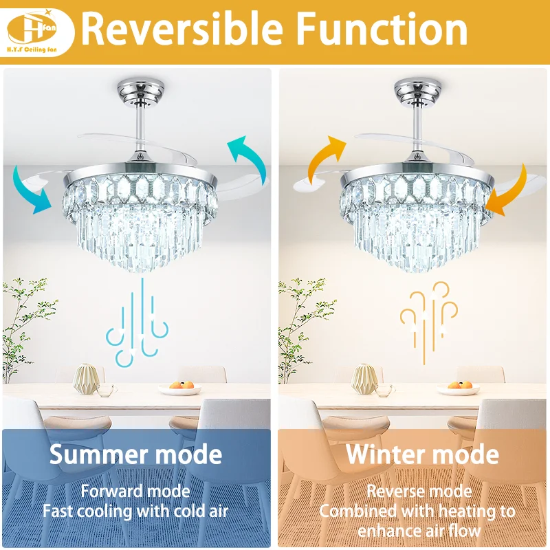 2026 Trendy Luxury Crystal Invisible Ceiling Fan. Retractable Blade Function. LED Light. Remote Control - Living Room Fan Light - Image 3