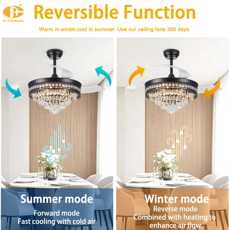Black Crystal Ceiling Fan Light Invisible Blades 3Color LED & 6-Speed Reversible DC Motor Remote Control for Living Room Bedroom - Image 3