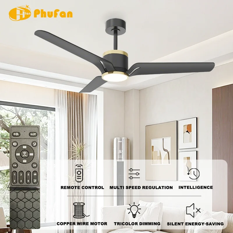 Modern Ceiling Fan with 3 Abs Wooden Blades Black Motor DC Motor Remote Control Quiet Operation for Living Room Home Decor - Image 2
