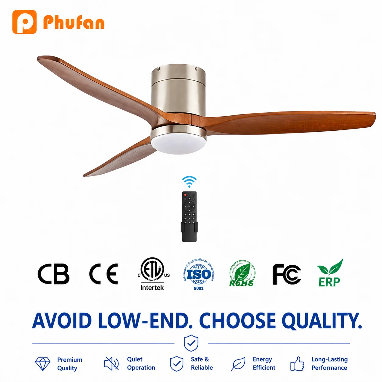3 Blades 52inch Intelligent Dimming Natural Wind Simulation Ceiling Fan with Lamp Solid Wood Flush Mount Ceiling Fan