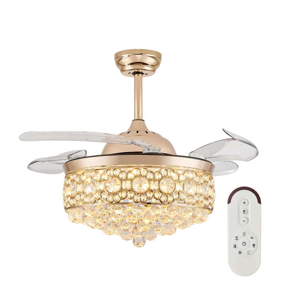 Factory Direct Sale 42 Inches Gold Color Retractable Ceiling Fan Four PCs Blades Crystal Ceiling Fan for Living Room - Image 3