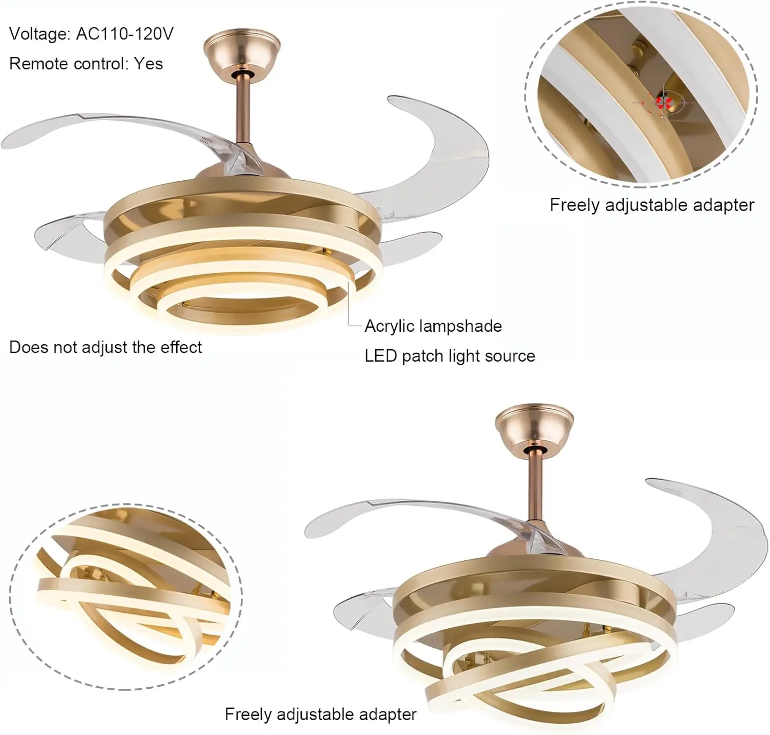 42 Gold Modern Chandelier Ceiling Fan Light Invisible Blades 6-Speed Remote Adjustable LED High CRI 95 Layout Bedroom Living - Image 6