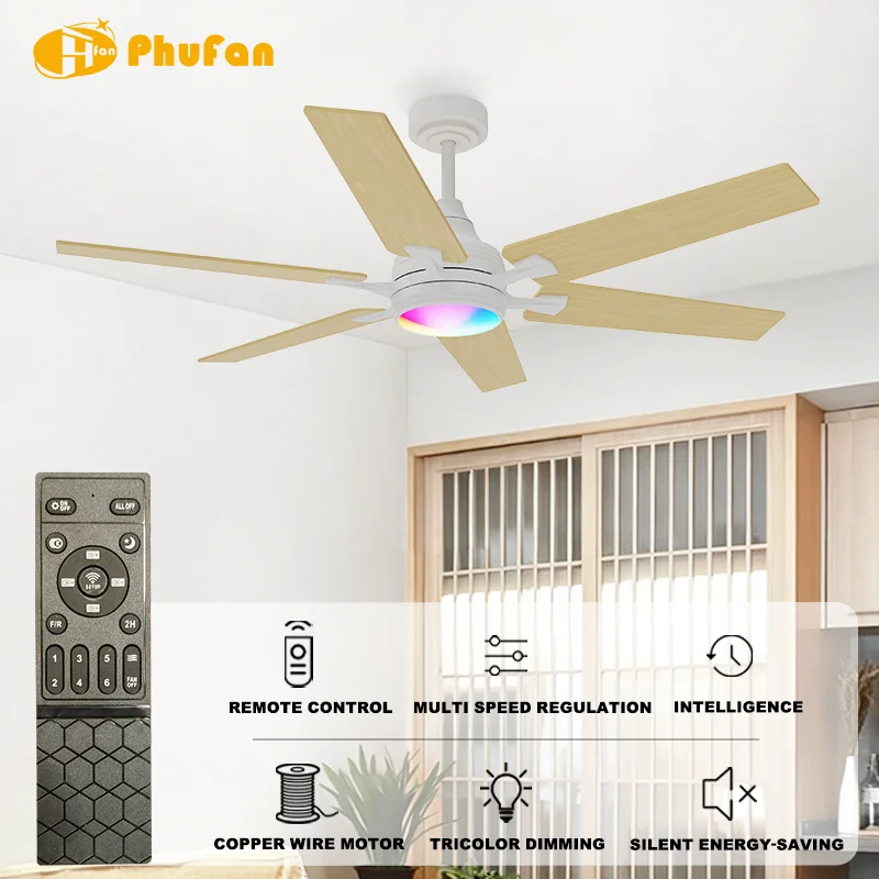 52-Inch 6-Blade RGB LED Ceiling Fan Light Remote Control 6-Speed DC Motor Quiet Operation Multi-Color Finish for Bathroom Living - Image 3