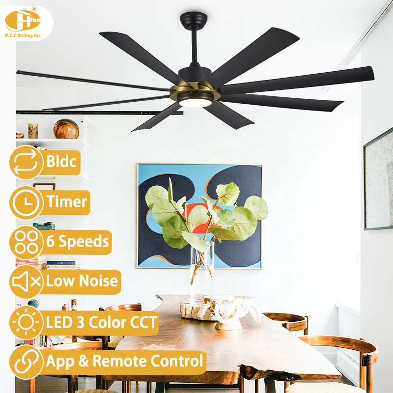 8-Blade Black & Gold Ceiling Fan Light with High Airflow. Dimmable LED & 6-Speed DC Motor. Remote Control. for Large Living Room - Image 2