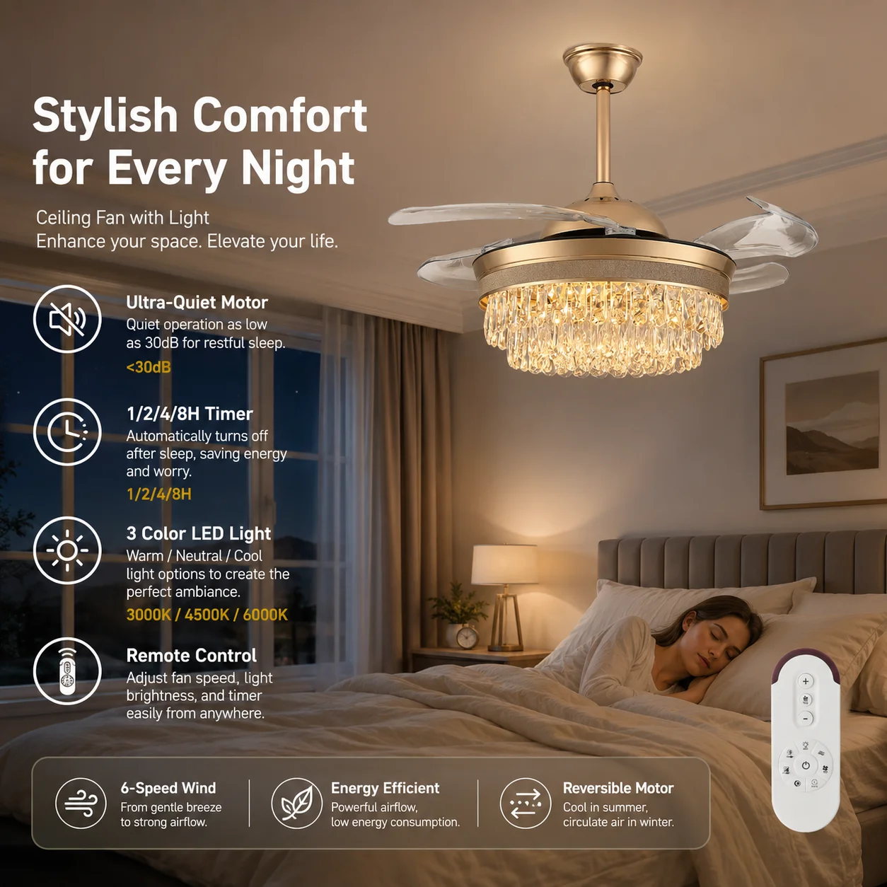 Factory Price Crystal Invisible Ceiling Fan Featuring Retractable Blades and Custom Logo for Global Distributors - Image 3