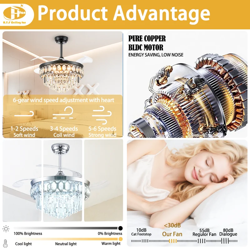 2026 Trendy Luxury Crystal Invisible Ceiling Fan. Retractable Blade Function. LED Light. Remote Control - Living Room Fan Light - Image 4