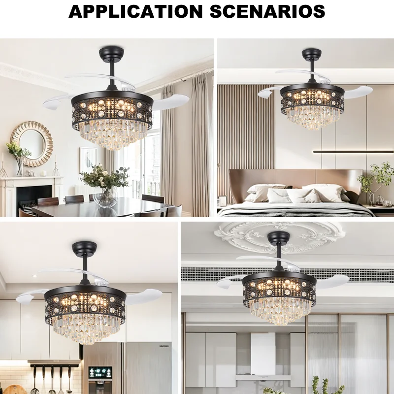 42 Inch Luxury Crystal Ceiling Fan Light. Retractable Blades.3-Color Dimmable LED. Remote Control Chandelier Fan for Living Room - Image 4