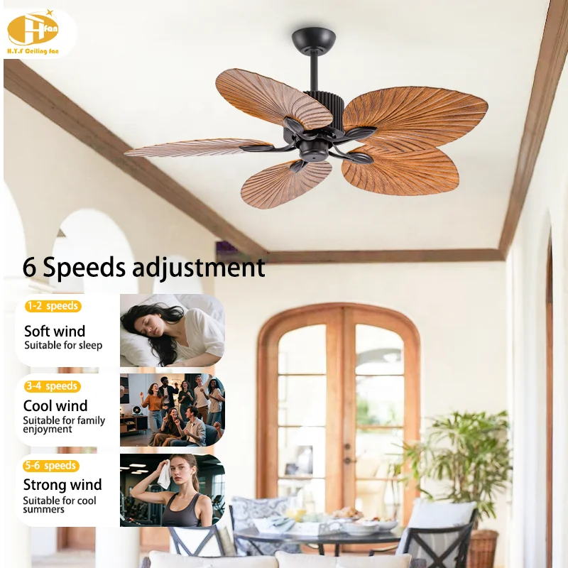 52 Inch 5-Blade Chandelier Ceiling Fan with Light. Tropical Palm Leaf Design. 6-Speed DC Motor. Remote Control for Living Room - Image 6