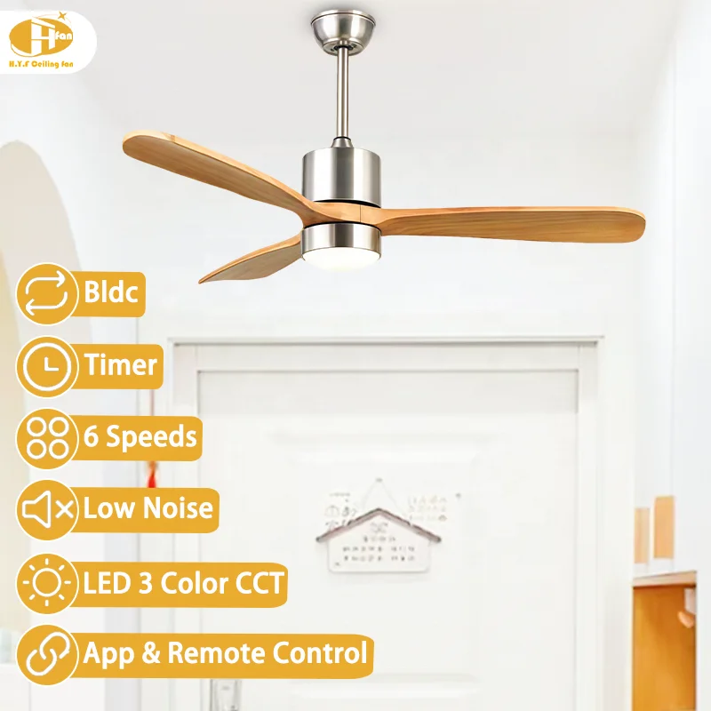 48 Inch 3 Solid Wood Blade Led Ceiling Fan With Light. Remote Control Reversible Dc Motor.For Cafe Villa and Commercial Indoor - Image 3