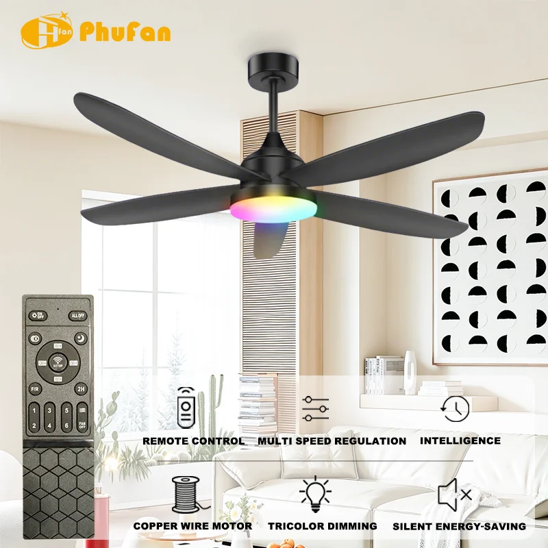60/72 Inch RGB 5-Blade Black Ceiling Fan Light. Strong Airflow. Quiet DC Motor. Dimmable LED - Modern Living Room Fan Light - Image 2