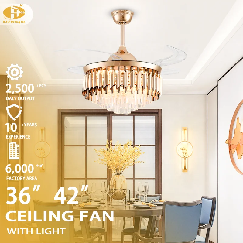 Crystal Chandelier Ceiling Fan Light with Retractable Blades. 3Color LED & DC Motor. Remote Control. for Living Room Dining Room - Image 2