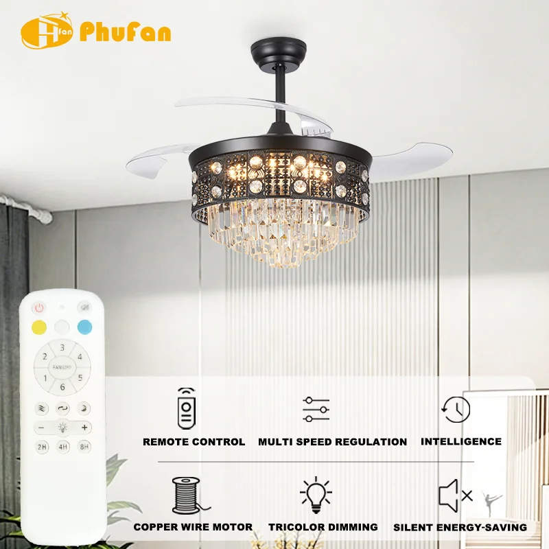 42 Inch Luxury Crystal Ceiling Fan Light. Retractable Blades.3-Color Dimmable LED. Remote Control Chandelier Fan for Living Room - Image 2