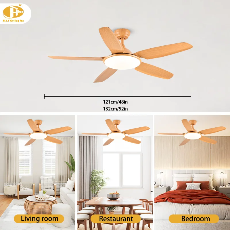 52 Inch 5-Blade Light Wood Dimmable LED Ceiling Fan Light. Quiet DC Motor. Smart Remote - Nordic Living Room Fan Light - Image 3