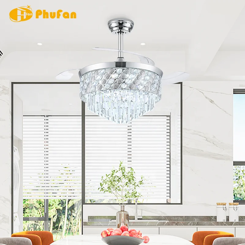 42 Inch Crystal Ceiling Fan Light Invisible Retractable Blades LED & 6-Speed Quiet Motor Remote Control for Living Room Bedroom - Image 5