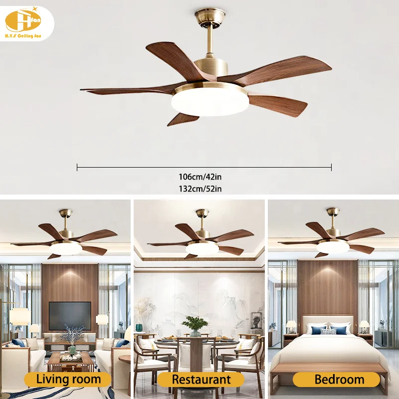 42 / 52 Inch 5-Blade Walnut Ceiling Fan Light Gold & Silver Finish LED & 6-Speed DC Motor Remote Control for Living Room Bedroom - Image 3